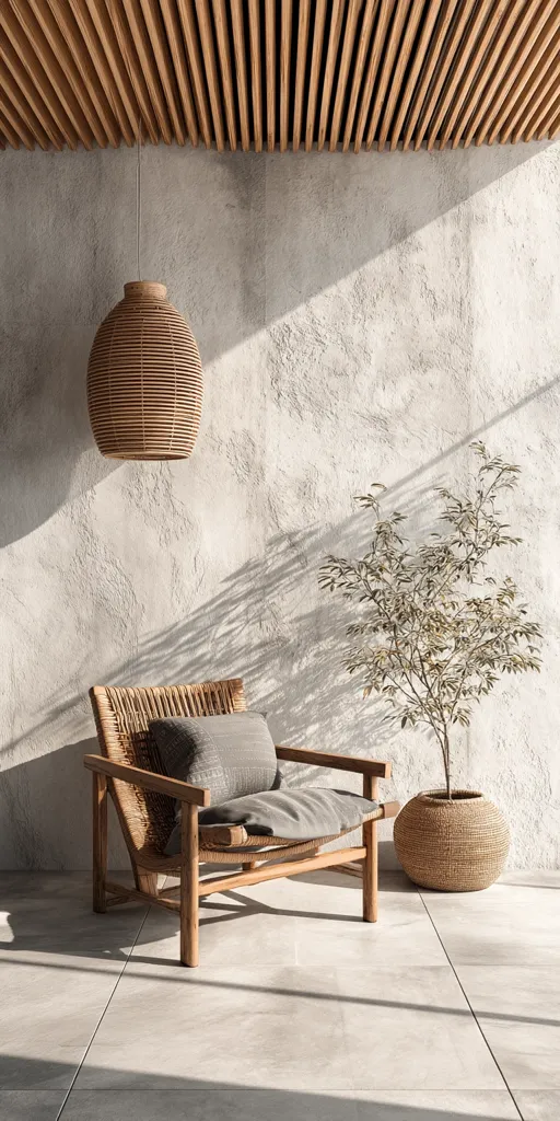 A minimalist room features a light grey textured wall, a wooden slatted ceiling, and a light-colored wood and wicker armchair with grey cushions.  A woven pendant light hangs above, and a small potted plant sits beside the chair.  Sunlight streams in, casting shadows on the wall. The overall aesthetic is serene and calming, with a focus on natural materials and textures.
