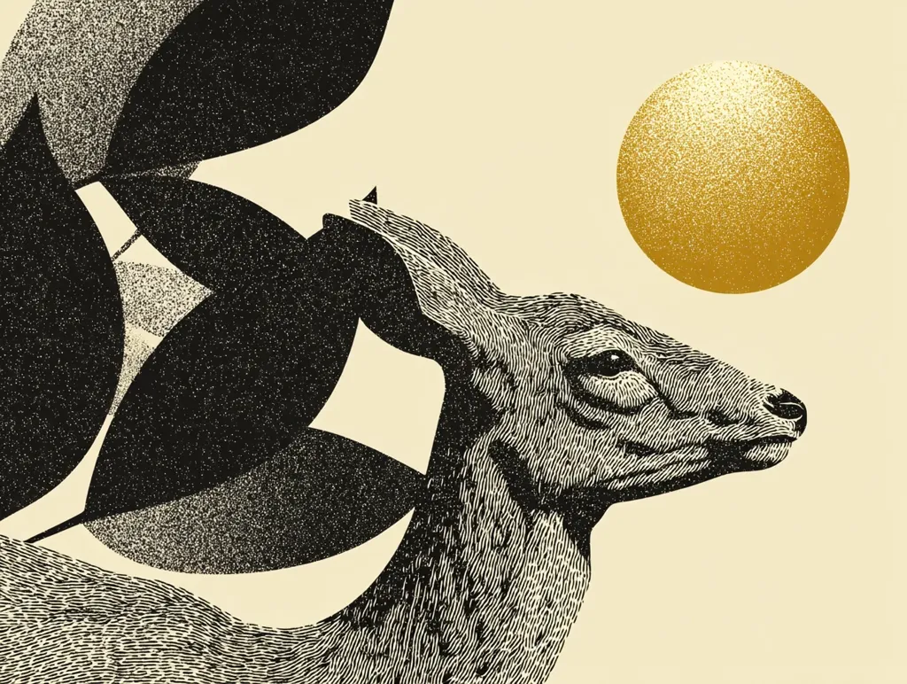 A stylized illustration features the head and neck of a deer, rendered in a detailed, black and white stipple technique. Overlapping dark leaves form a backdrop, contrasting with a golden sun or orb in the upper right corner. The overall aesthetic is minimalist and sophisticated, blending nature imagery with graphic design elements.  The color palette is muted, emphasizing the texture and linework.