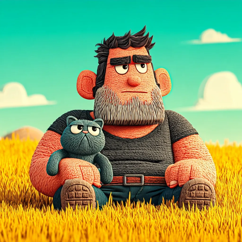 A cartoon rendering depicts a large, textured, orange-skinned man with a gray beard sitting in a field of tall, yellow grass.  He's wearing a dark shirt and jeans, and holds a small, grumpy-looking, gray cat.  The man's expression is serious and somewhat pensive. The style is reminiscent of claymation or stop-motion animation. The background is a bright, sunny sky.
