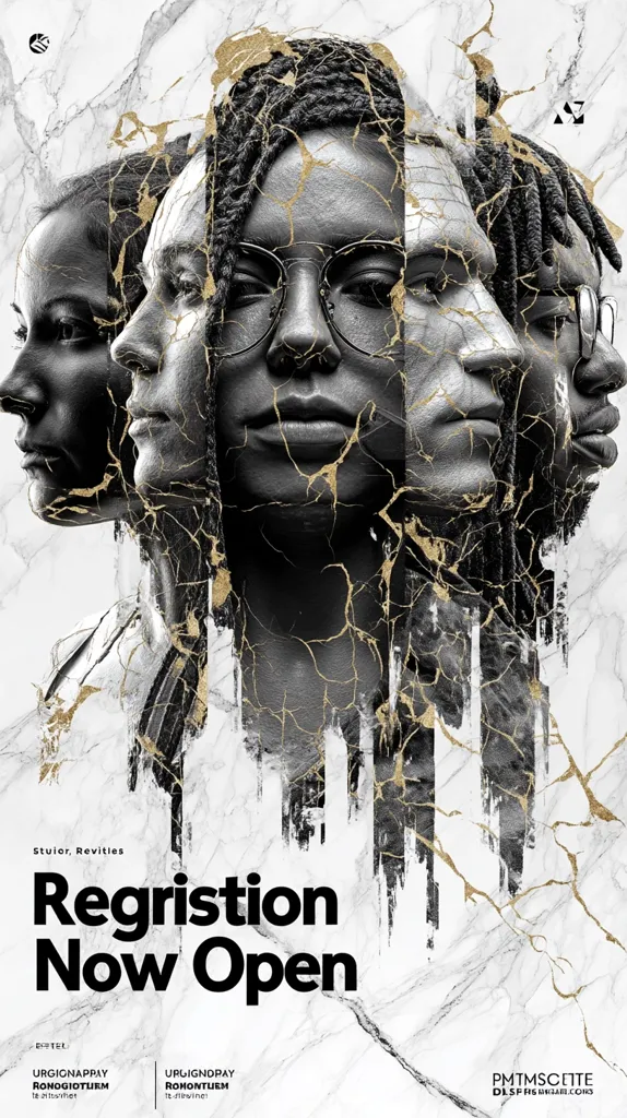 A stylized poster announces "Registration Now Open," featuring four monochrome faces, partially obscured and fragmented, against a cracked marble background with gold accents.  The design is abstract and artistic, implying a sense of mystery and exclusivity surrounding the registration.  Text at the bottom includes names and what appear to be website details.