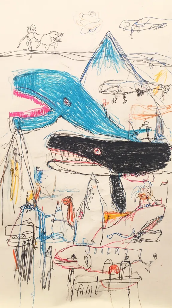 A child's drawing depicts a vibrant, fantastical scene.  Two large whales, one blue and one black, dominate the center.  Smaller figures, possibly people or animals, are scattered throughout, along with airplanes, a pyramid-like structure, and undefined shapes.  The style is energetic and expressive, with lines overlapping and colors used freely. The overall impression is one of playful imagination and creativity.