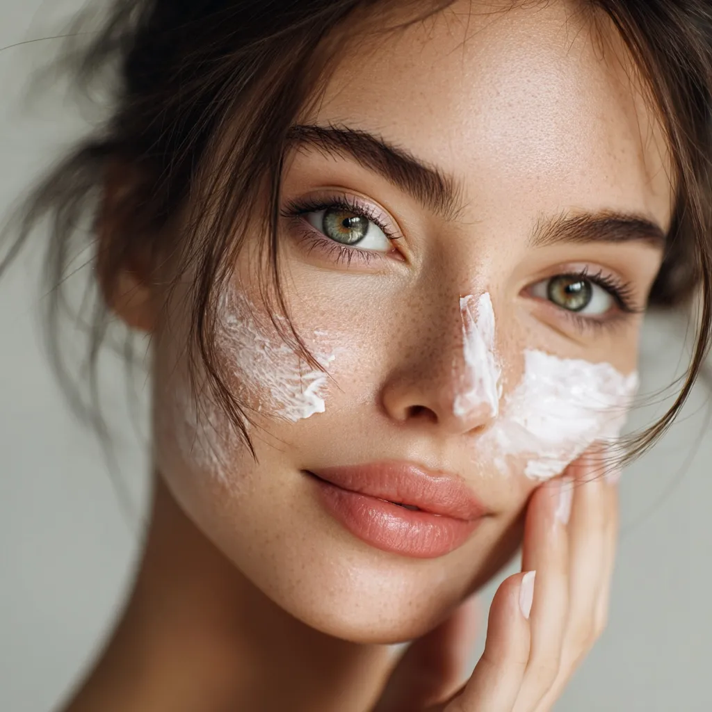 Close-up of a young woman with dark brown hair and freckles, applying a thick, white face cream.  Her expression is serene and gentle, her green eyes are visible.  The cream is applied unevenly across her cheeks and nose, highlighting her natural beauty.  Her hand gently rests on her cheek, enhancing the intimate and skincare-focused image.