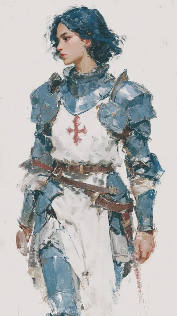 A painting depicts a female knight, her dark hair cut short.  She's clad in blue plate armor over a white surcoat bearing a red cross, a symbol of a religious order.  Her expression is serious, her gaze directed away from the viewer. The artist's style is loose and impressionistic, with visible brushstrokes giving a sense of movement and texture to the armor and fabric.  The overall tone is somber yet elegant.