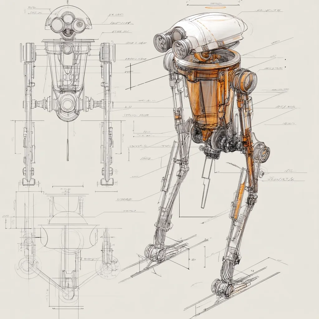 A detailed technical drawing showcases a droid design, possibly from a science fiction universe.  Multiple views are presented, including front, side, and exploded diagrams, with dimensions and annotations.  The droid features a cylindrical body, articulated legs with wheels, and a rounded head with sensor details. The style suggests a conceptual design phase, emphasizing mechanical components and structural integrity.  The color palette is muted, with shades of beige and brown enhancing the blueprint aesthetic.