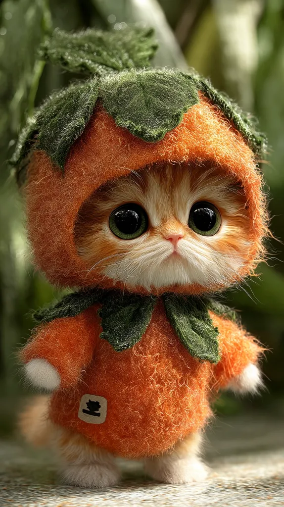 An adorable orange kitten is dressed in a charming pumpkin costume.  The fluffy outfit features green felt leaves on top and a small tag on the chest.  The kitten's large, expressive eyes peek out from the hood, creating a heartwarming and endearing image. The soft focus background suggests an autumnal setting.