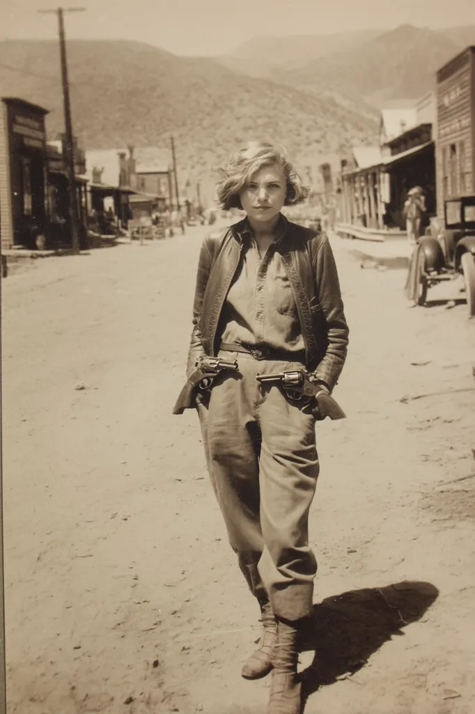 A sepia-toned photograph depicts a woman in a leather jacket and trousers, standing on a dusty street in a Western-style town.  She wears high-heeled boots and carries two revolvers in her waistband.  The background shows buildings and a mountainous landscape. The overall style suggests a film still or a staged photograph evoking the American West.