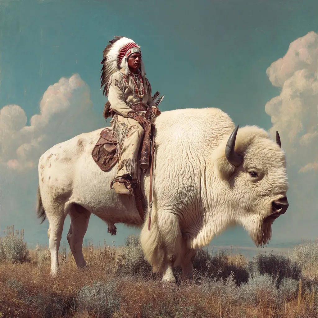 A Native American man in full headdress sits astride a majestic white bison.  He is dressed in traditional attire, his posture suggesting strength and quiet dignity. The animal appears calm and powerful, its thick white fur contrasting with the vast, open landscape under a partly cloudy sky. The scene evokes a sense of the American West and its indigenous peoples.