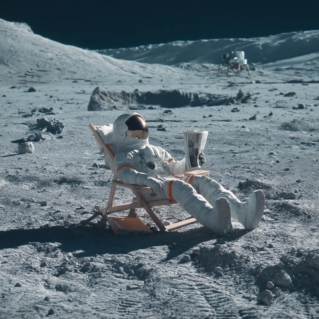 An astronaut in a spacesuit relaxes in a deck chair on the lunar surface, holding a newspaper.  The desolate lunar landscape stretches out behind, featuring a distant lunar module.  The scene depicts a peaceful moment of leisure in an extraordinary setting, a juxtaposition of the mundane and the extraordinary. The astronaut's shadow is cast on the grey regolith.