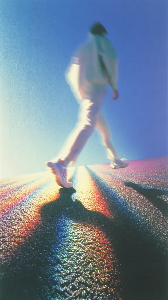A blurred image of a person walking away from the camera on a textured surface.  The figure is wearing light-colored clothing and white shoes. The ground reflects iridescent colors, creating a rainbow-like effect. The overall impression is one of movement and a sense of journey.  The bright sky suggests daytime.