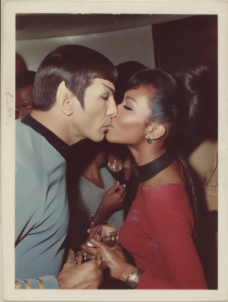 A candid Polaroid photograph captures Leonard Nimoy, known for his role as Spock in Star Trek, sharing a passionate kiss with an unidentified Black woman.  The setting appears to be a dimly lit social gathering, with other individuals partially visible in the background.  Both Nimoy and the woman hold drinks in their hands. The image is intimate and offers a glimpse into a private moment of the actor's life.