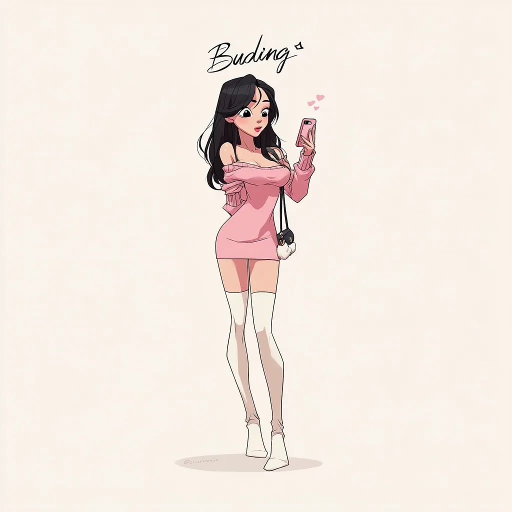 A stylized illustration of a young woman with long black hair, wearing a pink mini dress and white thigh-high socks. She's holding a phone, seemingly taking a selfie, with small hearts floating above her. The image has a soft, pastel color palette and a cartoonish style.  The artist's signature "Buding" is visible at the top.