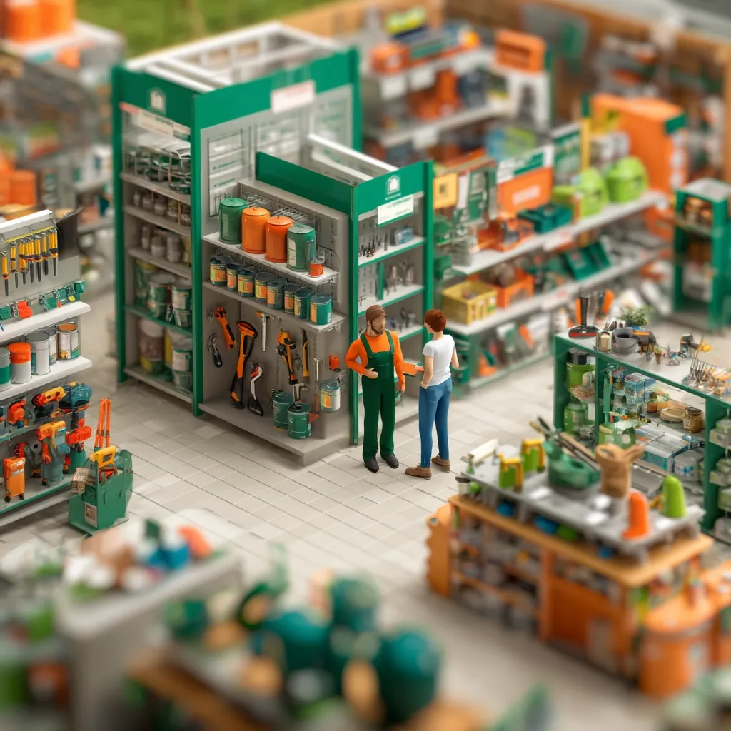 A miniature garden center is bustling with activity. Two miniature figures, a male worker in green overalls and a female customer, converse near shelves stocked with paint cans, power tools, and gardening supplies.  The store's green and orange color scheme is prominent, and numerous other miniature items fill the aisles, creating a detailed and charming scene. The shallow depth of field focuses on the interaction, blurring the background into a soft haze.