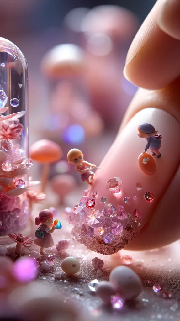 A fingernail art piece featuring miniature figurines in a whimsical pink landscape.  Tiny people are visible climbing a pink crystal-covered nail, with other figurines exploring a nearby miniature glass enclosure filled with pink flowers and crystals. The overall scene is delicate and enchanting, showcasing intricate detail and a dreamy aesthetic.  The background is softly blurred, emphasizing the miniature world.