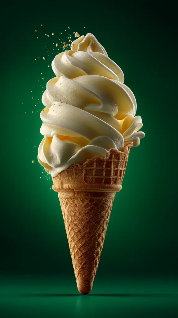 A soft-serve ice cream cone, overflowing with creamy vanilla ice cream, is captured against a deep green backdrop.  Small crumbs of what appears to be cookie or similar topping are suspended in the air, suggesting a recent bite. The crisp waffle cone provides a textural contrast to the smooth ice cream. The image has a clean, studio-lit aesthetic.