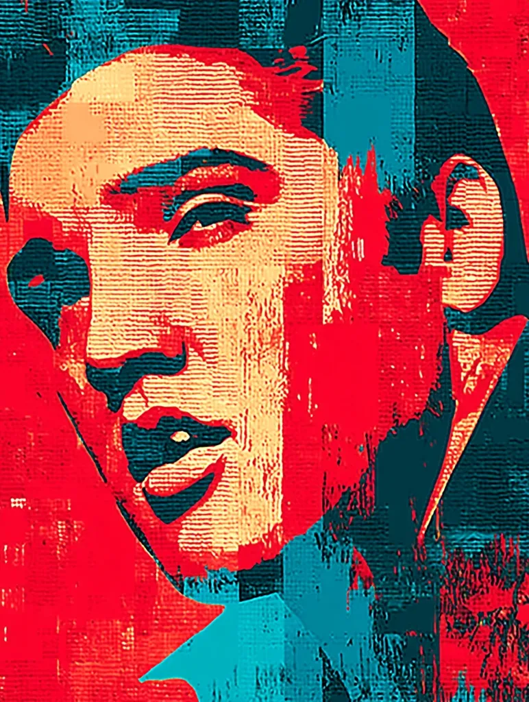 A stylized portrait of Elvis Presley, rendered in bold red, teal, and black hues.  The image uses a blocky, almost pixelated style, creating a vibrant and textured effect.  The artist employs a strong contrast between the colors, emphasizing the features of the iconic singer.  The overall feel is bold and graphic, reflecting a pop art sensibility.