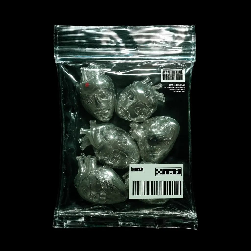 A transparent plastic bag contains several small, anatomical heart models.  The models are translucent and appear metallic, with detailed surface textures suggesting veins and chambers.  A barcode and label are affixed to the bag, adding a clinical or perhaps illicit feel. The overall aesthetic is dark, mysterious, and slightly unsettling.
