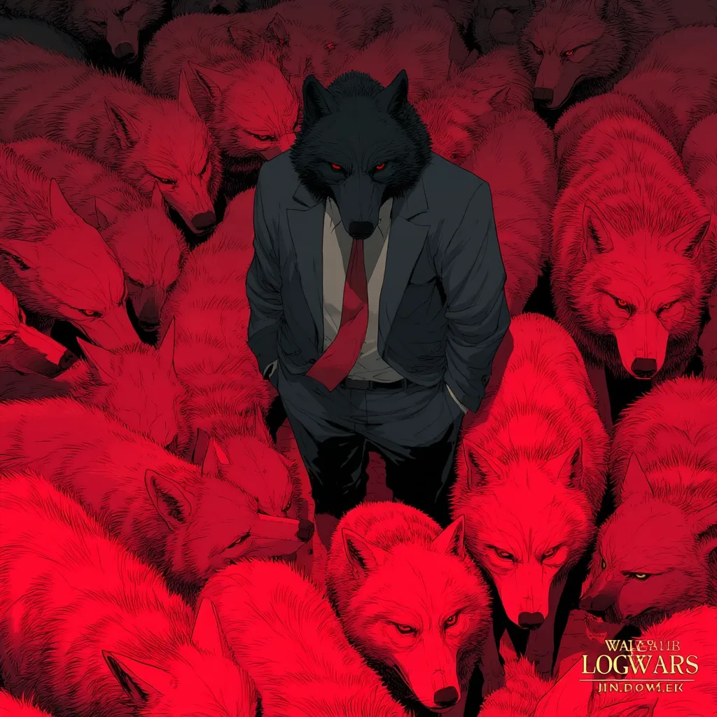 A black wolf in a business suit stands amidst a pack of red wolves. The red wolves surround the black wolf, their expressions intense and menacing. The overall atmosphere is dark and ominous, suggesting a power struggle or a sense of being surrounded by enemies. The image is stylized, with a focus on sharp lines and contrasting colors.  A logo for "Logwars" is visible in the bottom right corner.