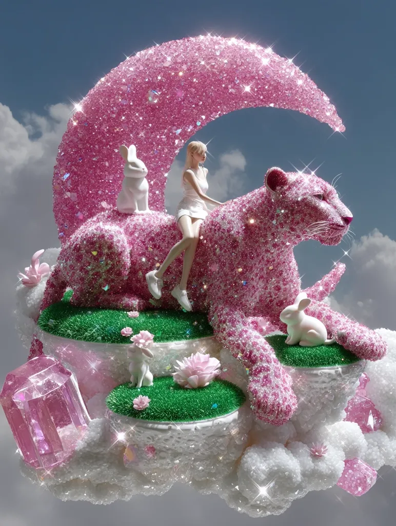 A whimsical scene depicts a blonde doll in a white dress seated atop a pink, glittering panther.  The panther rests on a crescent moon, also covered in pink glitter, nestled amongst clouds and miniature, sparkly landscapes.  Small white rabbits and pink lotus flowers add to the fantastical atmosphere. The entire creation is adorned with crystals, giving it a dreamy, ethereal quality.