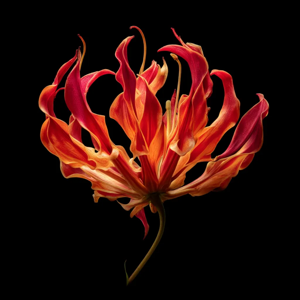 A fiery orange and red Gloriosa lily, dramatically backlit against a stark black background.  Its petals curl and twist in a dynamic display, showcasing the flower's vibrant colors and intricate texture.  The stem elegantly extends downwards, completing the composition's striking visual impact. The image is a study in contrasts, highlighting the flower's beauty with a minimalist approach.