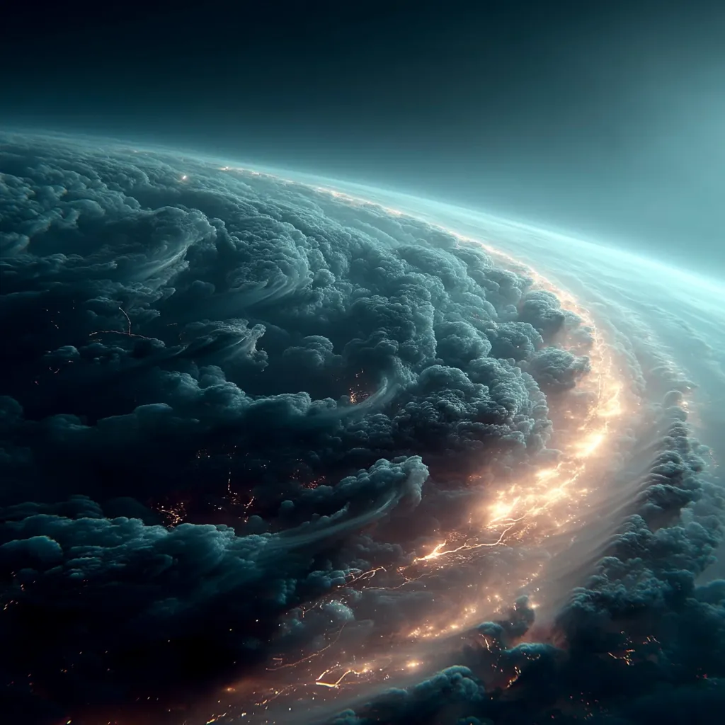 A breathtaking view of a planet's stormy atmosphere from space.  Dark, swirling clouds dominate the scene, punctuated by streaks of brilliant, golden lightning illuminating the planet's surface below.  The contrast between the dark clouds and the bright flashes creates a dramatic and awe-inspiring image. The curvature of the planet and the thin atmospheric layer are visible, suggesting a vast and potentially alien world.