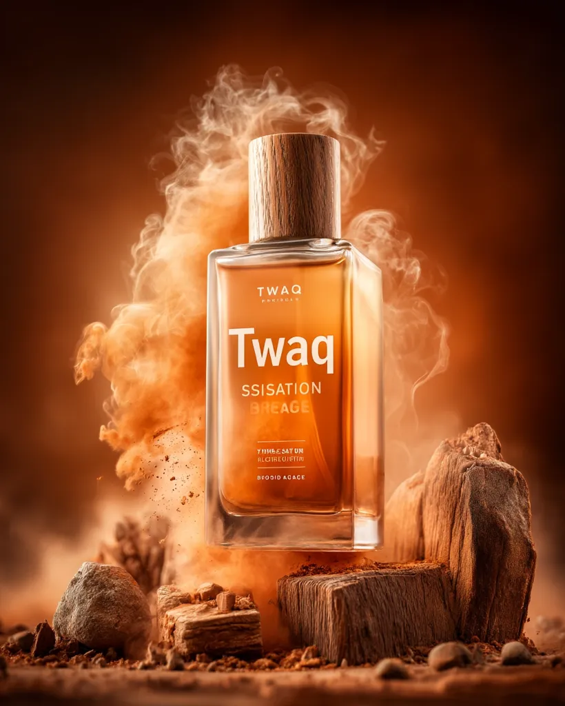 A bottle of Twaq SSISATion Breage perfume is showcased in a dramatic, smoky setting. The amber-colored fragrance, with its wooden cap, sits atop small, rustic wooden blocks, with orange-brown smoke swirling around it.  The overall aesthetic is warm, earthy, and luxurious, emphasizing the woody scent profile. The brand name is prominently displayed on the bottle.