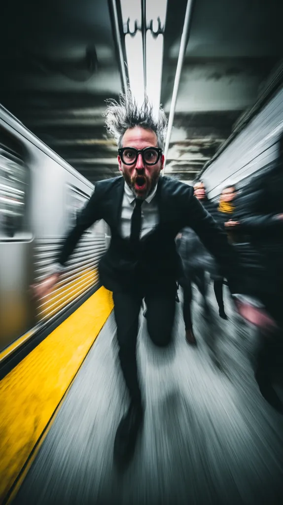 A man in a suit, with wild hair and glasses, runs through a subway tunnel.  His expression is one of urgency or panic.  The motion blur emphasizes his speed, while the blurred figures around him suggest a crowded, fast-paced environment.  The yellow safety line on the platform is visible, adding to the sense of movement and urban setting.