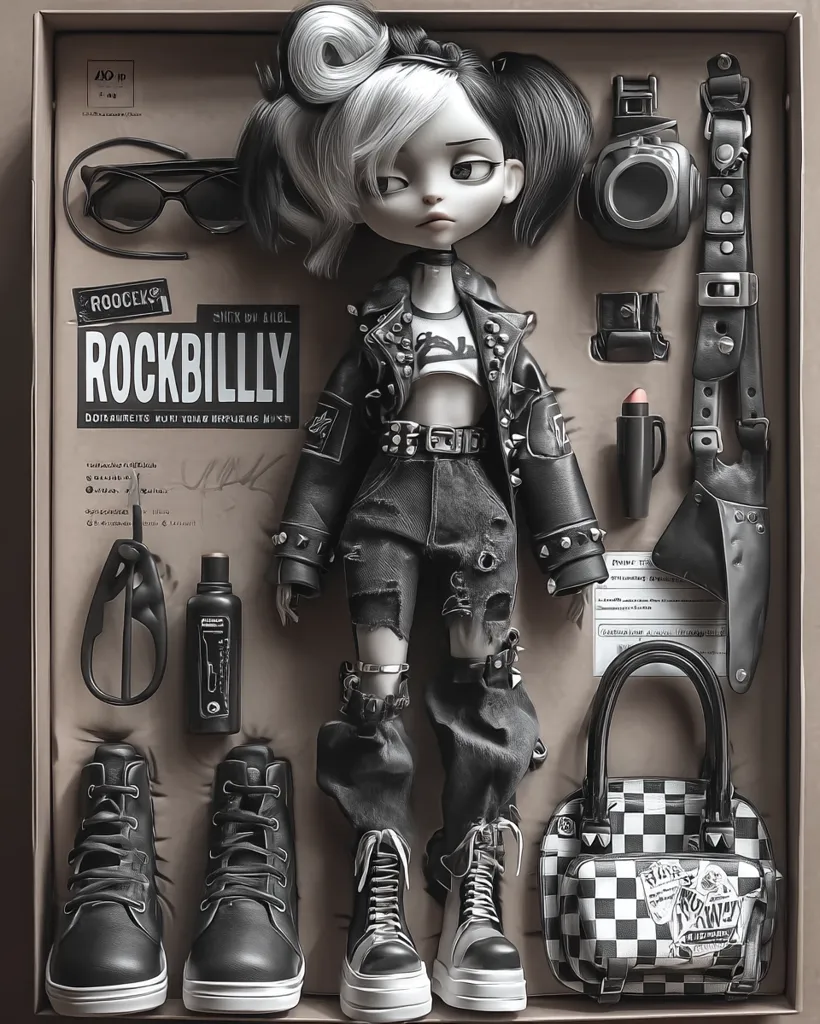 A monochromatic 3D-rendered doll, styled in rockabilly fashion, is presented within a box. The doll features black and white hair, a studded leather jacket, ripped jeans, and high-top boots.  Accompanying accessories include sunglasses, a handbag, a camera, and cosmetics. The box design enhances the rockabilly theme with textual elements and a vintage aesthetic.