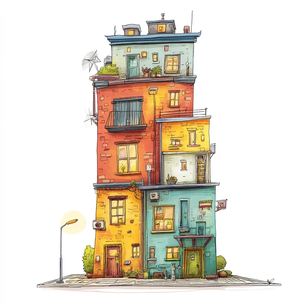 A whimsical, multi-story building is depicted in a colorful cartoon style.  The structure is stacked unevenly, with sections in shades of red, orange, and teal.  Each level boasts windows glowing with warm interior light, and rooftop gardens add a touch of nature.  Small details like balconies, air conditioners, and street lamps bring the scene to life. The building sits on a small street, enhancing its charm.