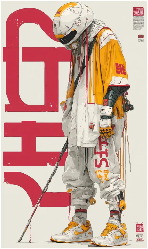 A stylized illustration depicts a futuristic figure, clad in a white and yellow jacket, white pants, and futuristic Nike sneakers.  A helmet obscures the face, and one arm features a robotic appendage. The figure holds a long, thin staff, standing against a bold red graphic background featuring a stylized logo or character. The overall aesthetic is a blend of cyberpunk and streetwear.