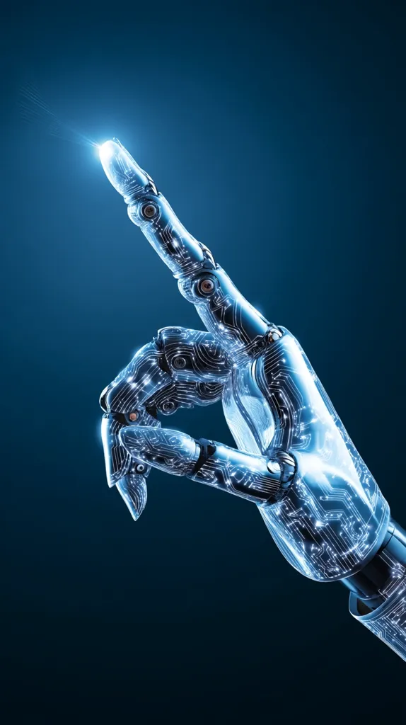 A robotic hand, intricately designed with visible circuitry, extends its index finger towards a bright point of light.  The metallic, translucent hand glows with an inner light, suggesting advanced technology and artificial intelligence. The dark blue background emphasizes the futuristic and technological nature of the image.  The scene evokes a sense of innovation and potential.