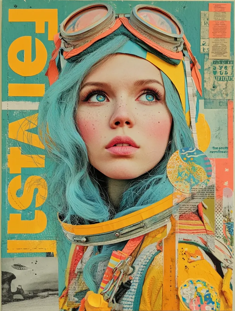 A vibrant collage features a woman with teal hair, wearing goggles and a yellow spacesuit.  The style is retro-futuristic, incorporating textured papers, collage elements, and a bold yellow "FEIST" text.  Her expression is serene, gazing upwards.  The background is a mix of teal and orange tones, creating a visually striking and whimsical composition.