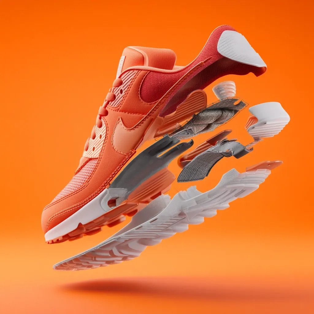 An orange Nike Air Max 90 shoe is shown deconstructed in mid-air against a bright orange background.  The individual components of the shoe—upper, midsole, outsole, and inner workings—are separated, showcasing the intricate design and construction. The image highlights the shoe's layered structure and the various materials used in its creation.  The vibrant color palette and dynamic composition create a visually striking effect.