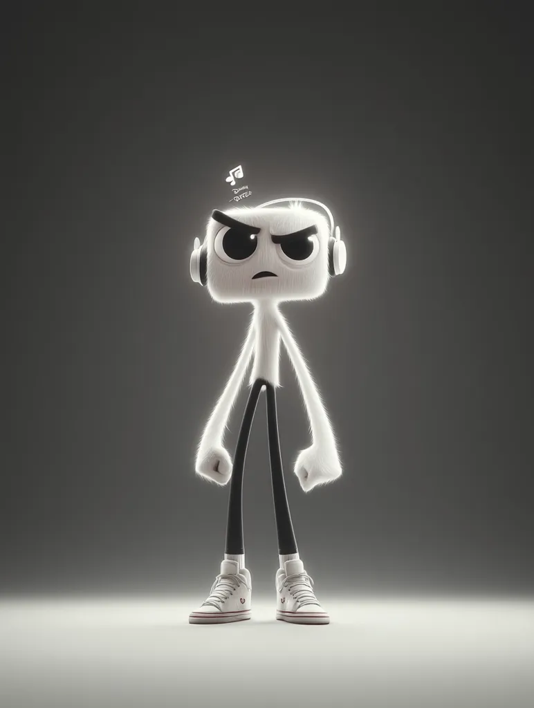 A 3D-rendered illustration depicts a stylized, grumpy-looking character.  The character is white and furry, with a square head, long thin limbs, and black pants.  It wears white headphones and sneakers.  A small musical note floats above its head, suggesting it's listening to music, but its expression is one of annoyance or displeasure. The background is a muted grey.