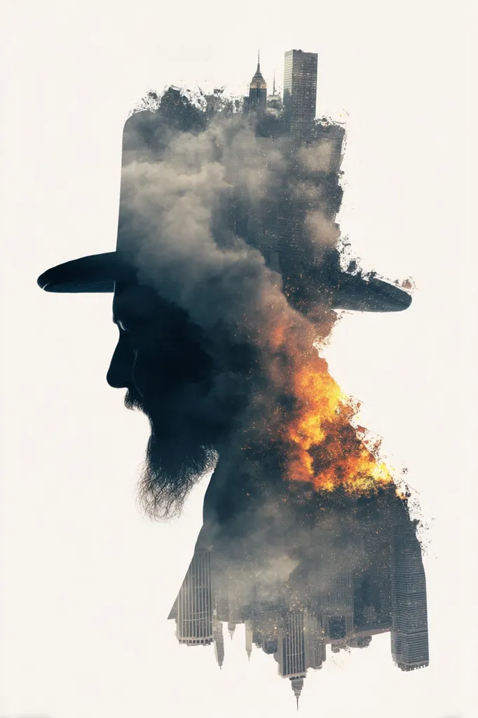 A double exposure image depicts a man's silhouette, wearing a top hat, overlaid with a cityscape engulfed in flames and smoke. The man's face is partially obscured by the fiery urban scene, creating a surreal and powerful visual metaphor.  The style is dark and dramatic, suggesting themes of destruction, memory, or inner turmoil.  The image is predominantly grayscale with accents of orange from the fire.