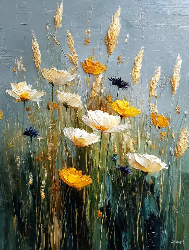 A vibrant oil painting depicts a field of wildflowers.  Creamy white poppies and bright yellow flowers are interspersed with tall, slender grasses and dark blue accents.  The artist uses thick, impasto brushstrokes to create texture and movement, evoking a feeling of a summer meadow bathed in soft light. The background is a muted, cool grey-blue, contrasting with the warm tones of the blooms.