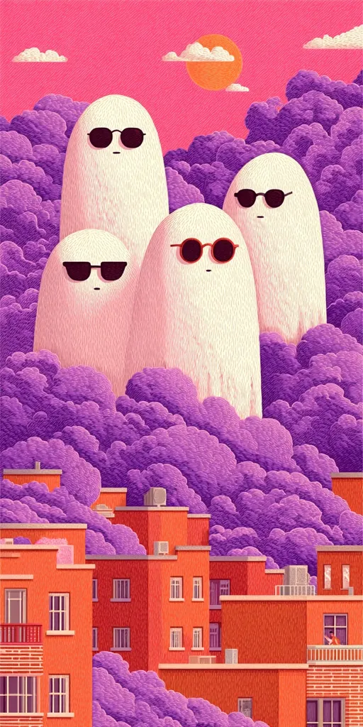 A whimsical illustration depicts four fluffy, ghost-like figures wearing sunglasses, perched atop a vibrant purple cloud formation.  They overlook a row of terracotta-colored buildings.  The scene is set against a warm pink sky, punctuated by a simple sun and fluffy white clouds, creating a surreal and playful atmosphere.