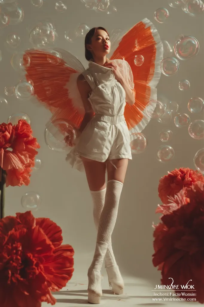 A young woman, adorned in a white jumpsuit and large, orange butterfly wings, stands amidst floating bubbles and oversized red flowers.  She wears tall white boots and her pose is elegant and ethereal. The overall aesthetic is dreamy and surreal, with soft lighting enhancing the whimsical atmosphere. The image is artistically composed, capturing a moment of delicate beauty.