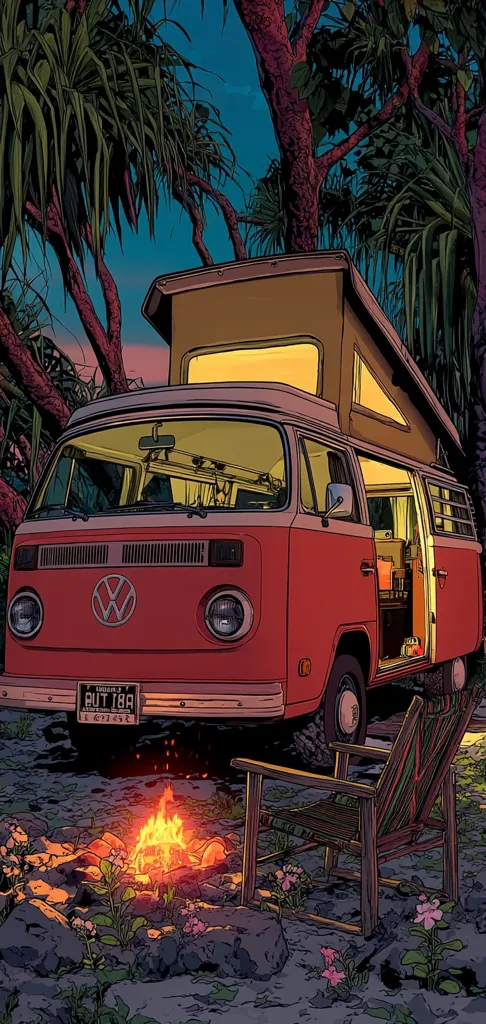A vibrant illustration depicts a red Volkswagen camper van parked amidst lush tropical foliage under a twilight sky.  The van's pop-top is open, revealing a warm interior glow.  A campfire crackles in the foreground, next to a rustic wooden chair, creating a serene and inviting camping scene.  The overall style is reminiscent of vintage travel posters, with bold lines and rich colors.