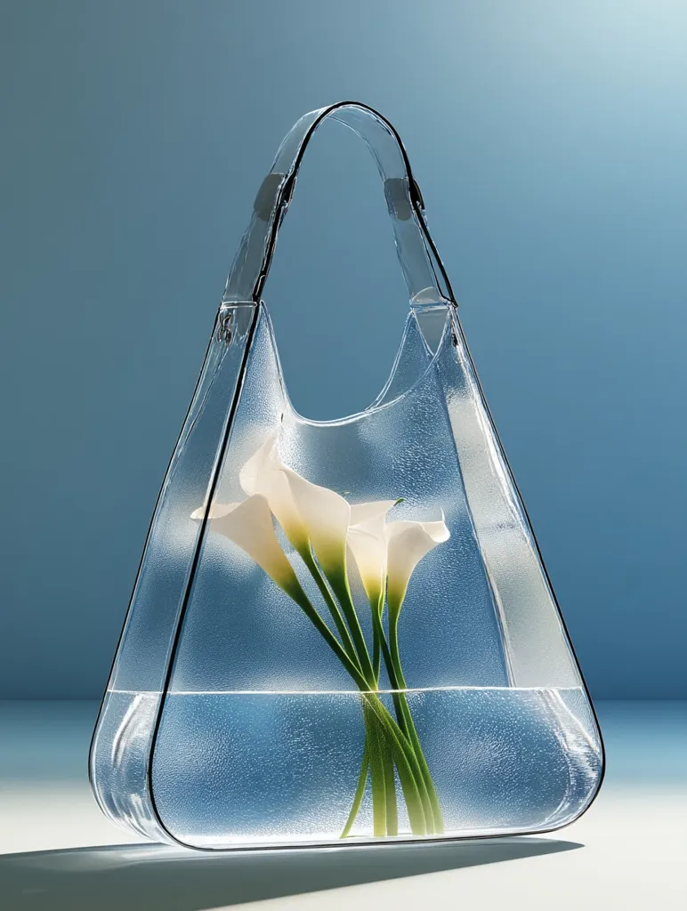 A transparent, triangular-shaped handbag filled with water holds a bouquet of white calla lilies.  The bag's clear material allows the flowers and water to be fully visible, creating a minimalist and elegant aesthetic against a muted blue backdrop.  Small air bubbles are subtly visible within the water, adding a sense of depth and tranquility.