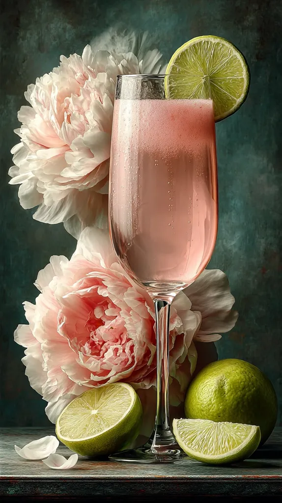 A tall glass of pink, bubbly beverage is the centerpiece of a still life.  A lime wedge adorns the rim, and the drink is surrounded by lush, pale pink peonies and additional lime slices.  The dark, moody background contrasts beautifully with the vibrant colors of the drink and flowers, creating a sophisticated and visually appealing image.  The overall mood is elegant and serene.