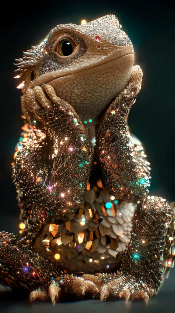 A digital rendering of a bearded dragon, adorned in shimmering, golden scales that resemble tiny gemstones.  The creature sits with its paws delicately tucked under its chin, its large, expressive eyes gazing upward.  Surrounding it, a soft glow of multicolored lights creates a magical, enchanting atmosphere.  The overall effect is one of fantastical beauty and wonder.