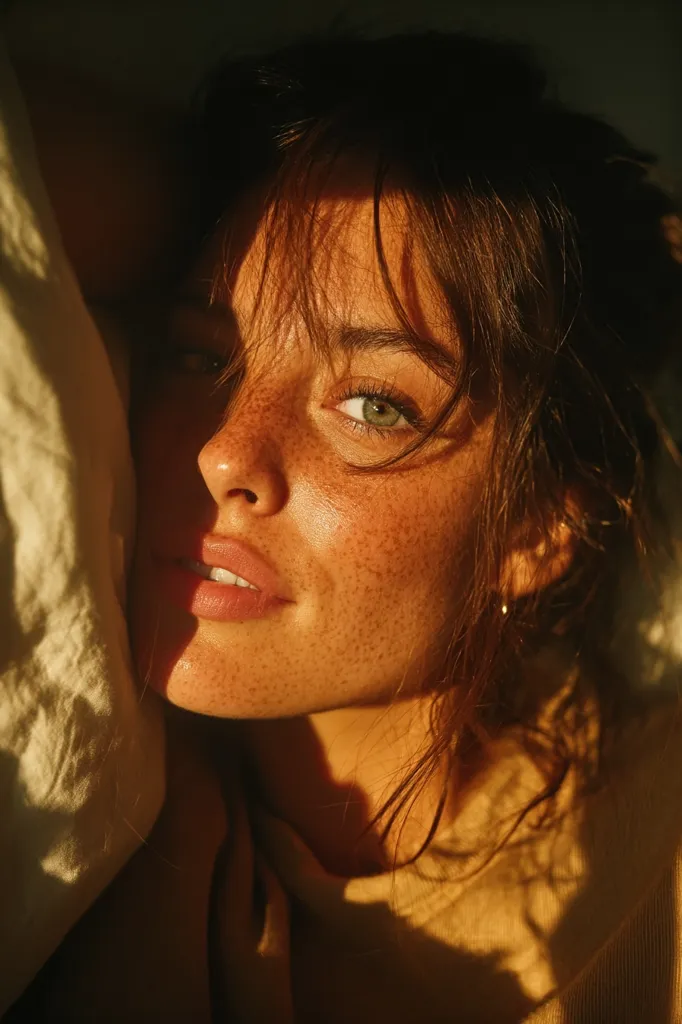 Close-up portrait of a young woman with freckles and green eyes.  Golden sunlight illuminates her face, partially obscured by her hair and a linen pillow. Her expression is serene and slightly suggestive.  The warm tones create a soft, intimate mood.  She wears a simple, light-colored top.