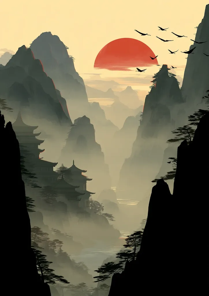A serene landscape painting depicts a misty valley nestled between towering mountains.  A large red sun sets in the distance, casting a warm glow on the scene.  Several birds fly across the sky.  Traditional East Asian style architecture, possibly temples or pagodas, are subtly visible within the valley, adding a sense of tranquility and mystery to the artwork.  The overall style evokes a sense of peace and harmony with nature.