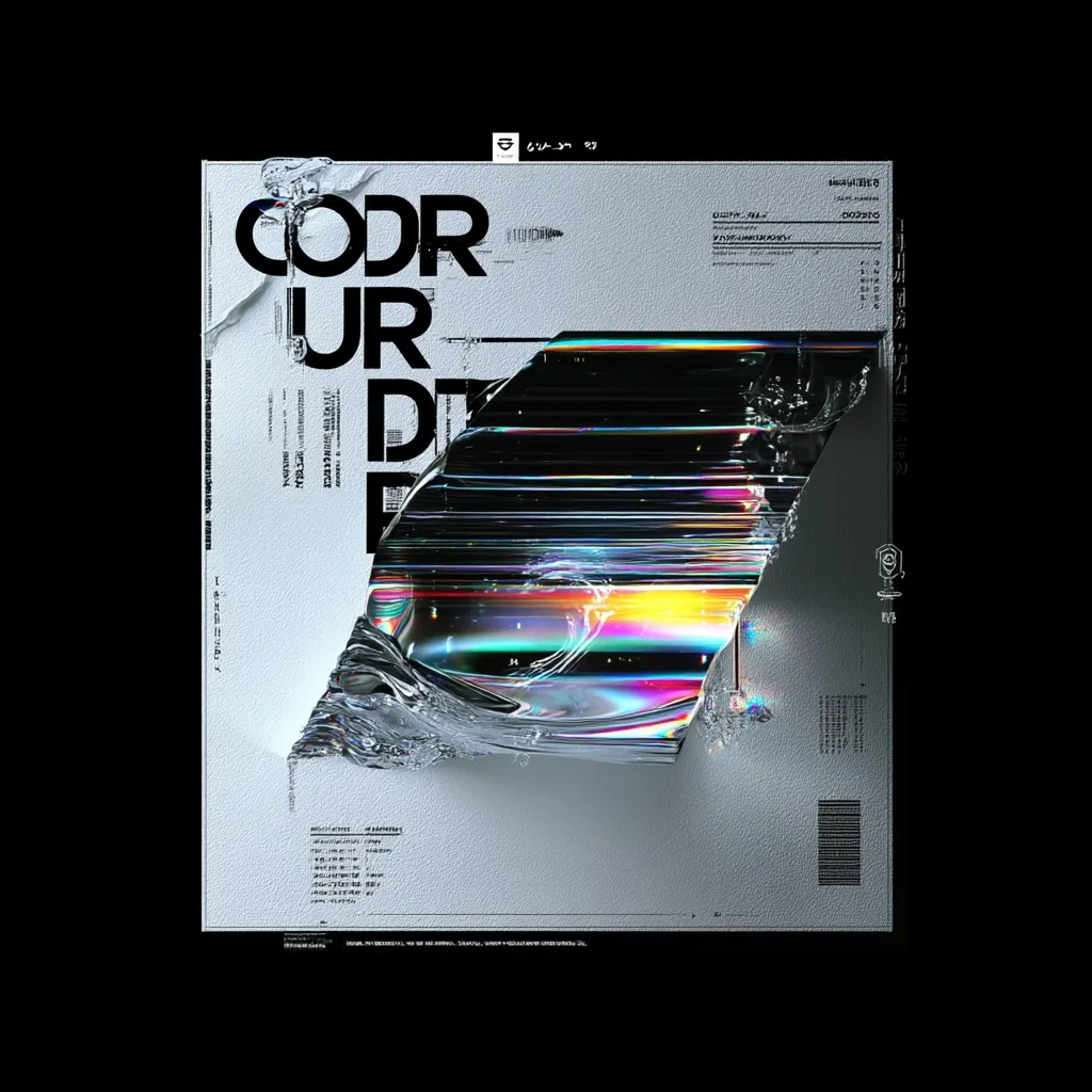 A digital art poster features the word "CODRURDE" in bold, stylized lettering. A distorted, iridescent, liquid-like form dominates the right side, appearing to drip or flow. The background is a textured, light grey surface with various text elements and technical-looking data scattered throughout. The overall aesthetic is modern, abstract, and slightly dystopian.  The color palette is dark and cool, contrasted by vibrant iridescent highlights.