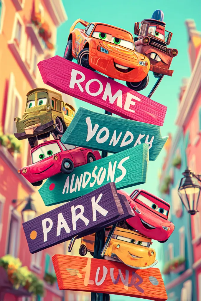 A whimsical illustration features Cars characters perched on a multi-directional signpost in a vibrant, Italianate setting.  The sign indicates various locations, including Rome, Vonndy, Alndsons Park, and Louwr.  The charmingly rendered cars, reminiscent of the Pixar film, add a playful touch to the scene, creating a joyful and colorful image.