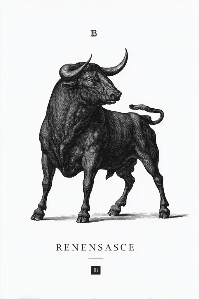 A detailed black and white illustration of a powerful bull, rendered in a style reminiscent of Renaissance engravings.  The bull is depicted in profile, showcasing its muscular build and imposing horns. The image is minimalist, with the bull as the central focus against a plain white background, and the word "RENENSASCE" is displayed beneath it, suggesting a connection to the Renaissance artistic period. A small "B" is subtly placed at the top and bottom of the illustration.