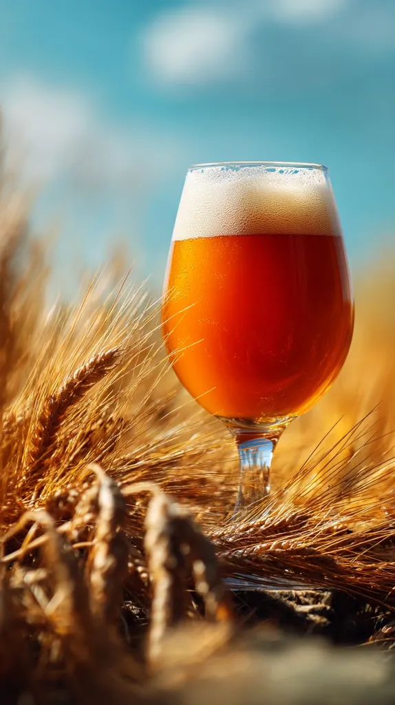 A glass of amber beer with a thick head sits amidst stalks of ripe golden wheat under a bright blue sky.  The scene evokes a feeling of harvest and the refreshing nature of a cold beer on a sunny day. The contrast between the beer's color and the wheat's hue is visually striking.
