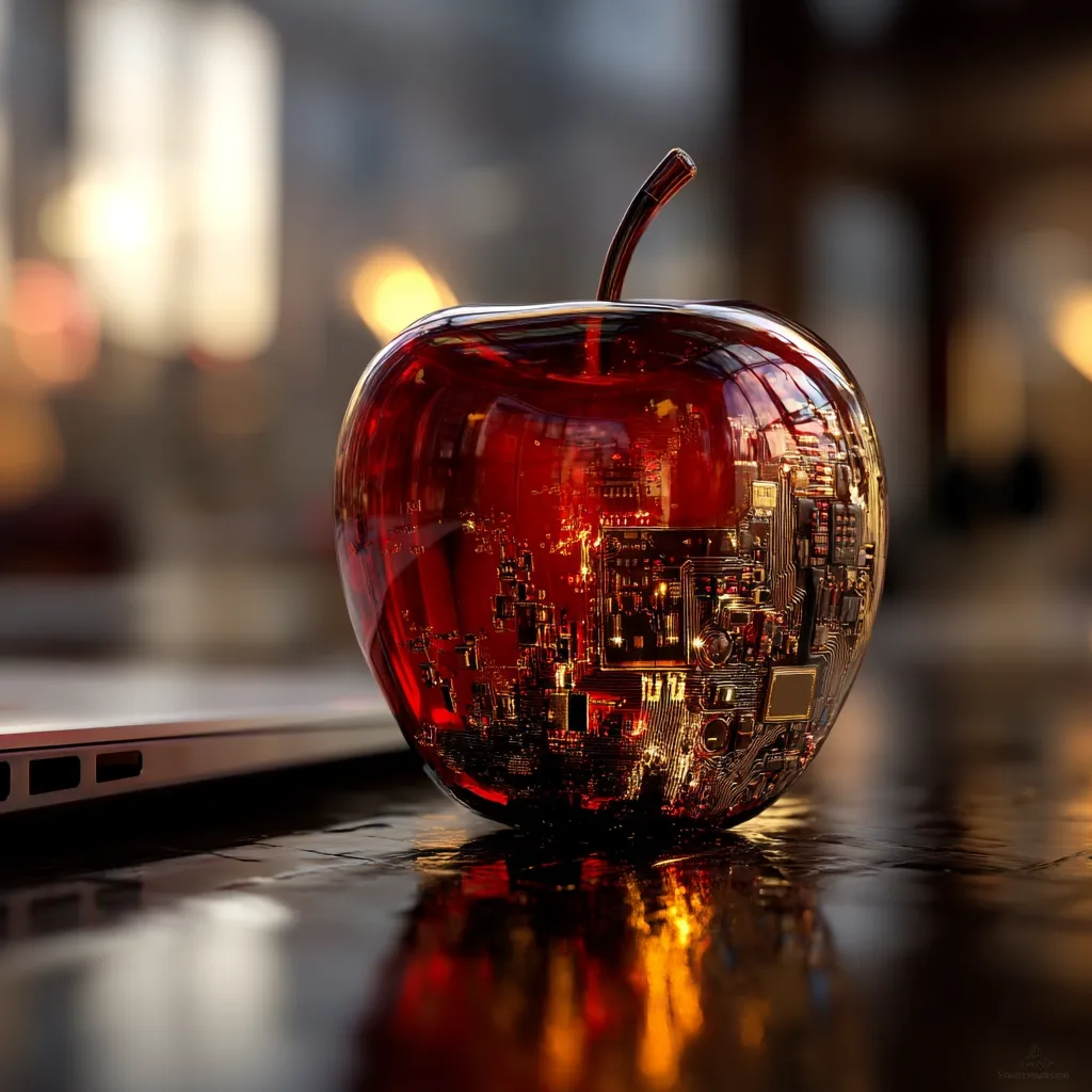 A translucent red apple sits on a dark surface, its interior revealing a complex circuit board.  The apple's glassy exterior reflects a blurred background of warm lights and cityscapes.  A silver laptop rests partially in the foreground, suggesting a connection between technology and the symbolic fruit. The image evokes a sense of technological innovation and the intersection of nature and artificial intelligence.