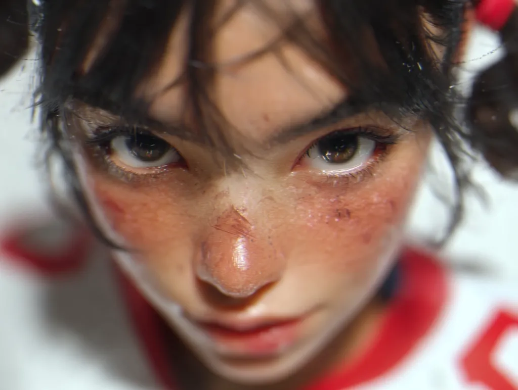 Close-up portrait of a young person with dark hair, their face partially obscured by strands.  The individual appears to have several small, red abrasions on their cheeks and nose. Their eyes are wide and focused, conveying a serious or intense expression. They are wearing a red garment. The overall mood is intense and slightly unsettling.