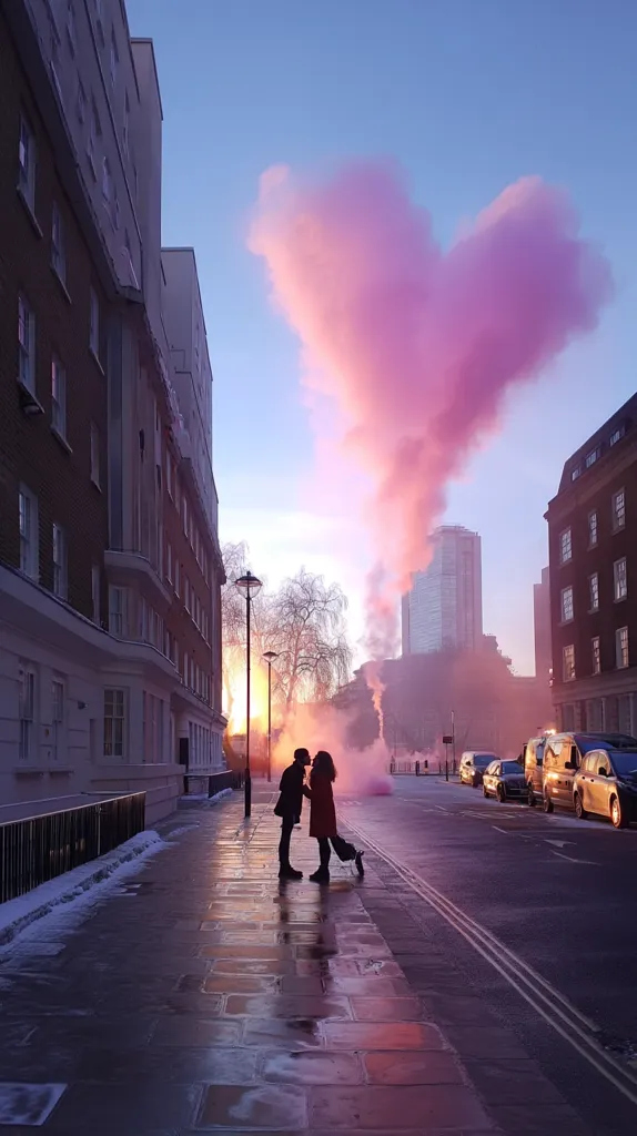 A silhouetted couple kisses on a city street at dawn.  A large, heart-shaped pink cloud of smoke billows behind them, creating a romantic and surreal atmosphere.  The buildings lining the street are tall and elegant, with a hint of snow on the ground.  The scene is peaceful and evokes a feeling of love and magic.